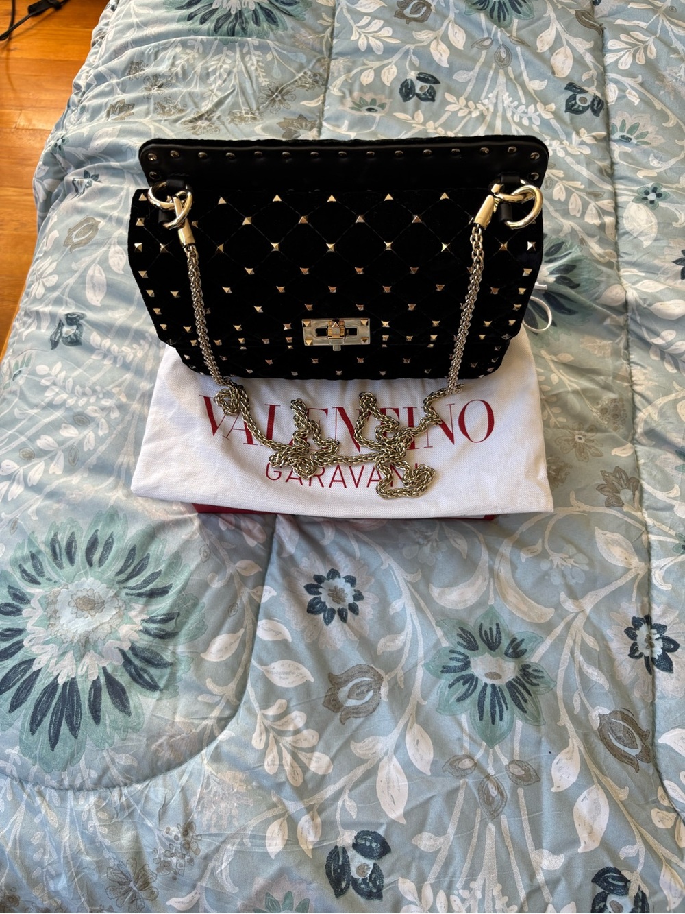 Valentino Garavani Black Velvet Rockstud Shoulder Bag with Gold Chain